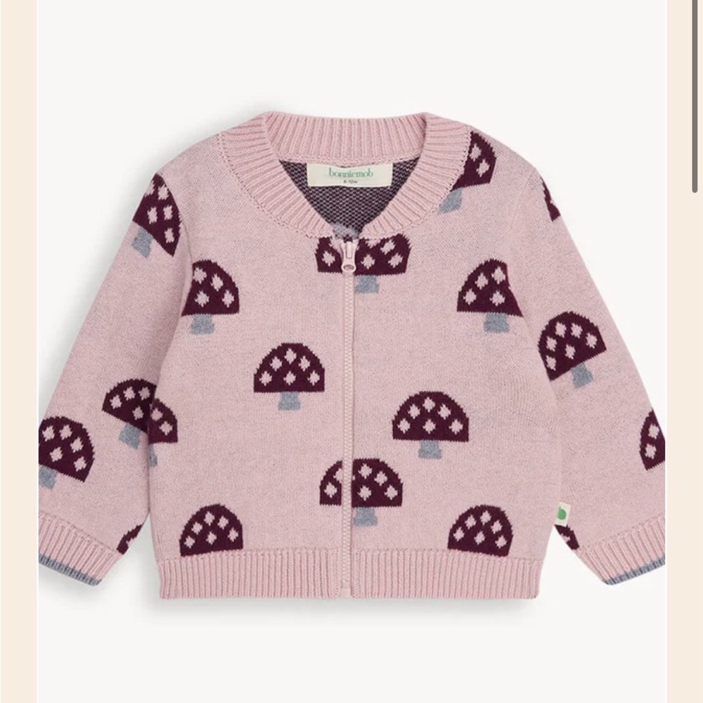 NWT Bonnie Mob Mushroom Pattern Kids Sweater in Dusty Pink, size 6-12m.